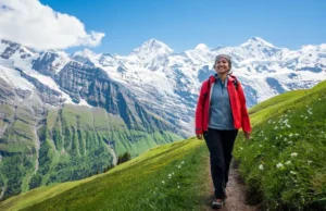 Hiking in Switzerland in May: What’s Open & Worth It? Hiker on a green spring trail in Switzerland with snow-capped Alps behind, illustrating what's open and worth hiking in May.