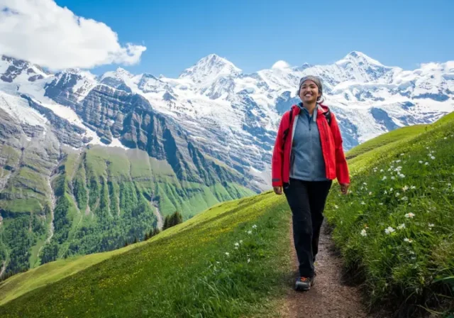Hiker on a green spring trail in Switzerland with snow-capped Alps behind, illustrating what's open and worth hiking in May.