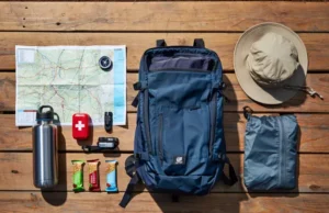 Must-Have Things to Take on a Day Hike List Essential must-have items for a day hike list arranged neatly: daypack, water bottle, map, compass, headlamp, first-aid, snacks, hat, rain jacket.