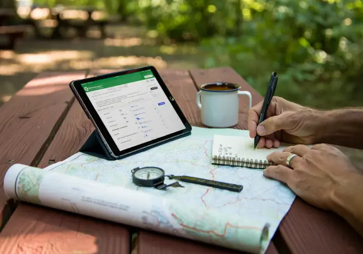 A backpacker's planning tools—a topographic map, compass, tablet with a permit application, and notebook—are laid out systematically on a campsite table.
