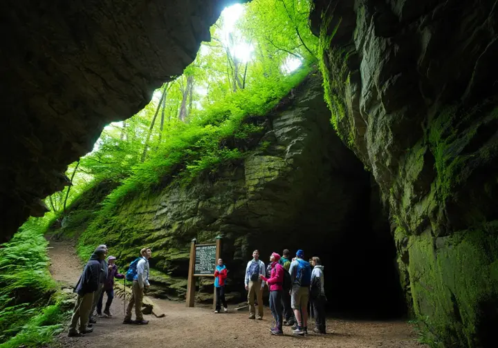 Discovering Sam's Point wonders: Hikers at the unique entrance to the Ellenville Fault Ice Caves trail.
