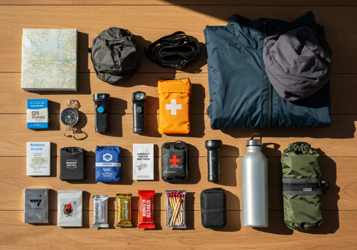 Essential hiking gear foundation: the Ten Essentials including navigation, sun protection, insulation, light, first-aid, fire, tool, food, water, shelter.