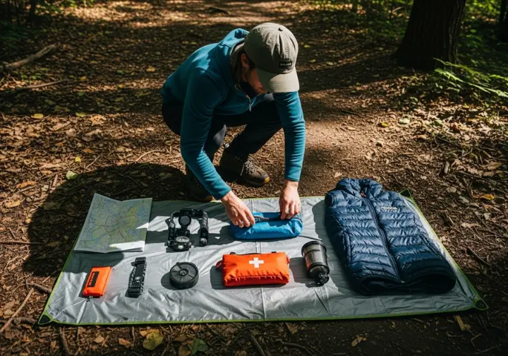 A hiker crouches on the ground, neatly organizing the ten essential systems from their daypack onto a groundsheet for a gear check.