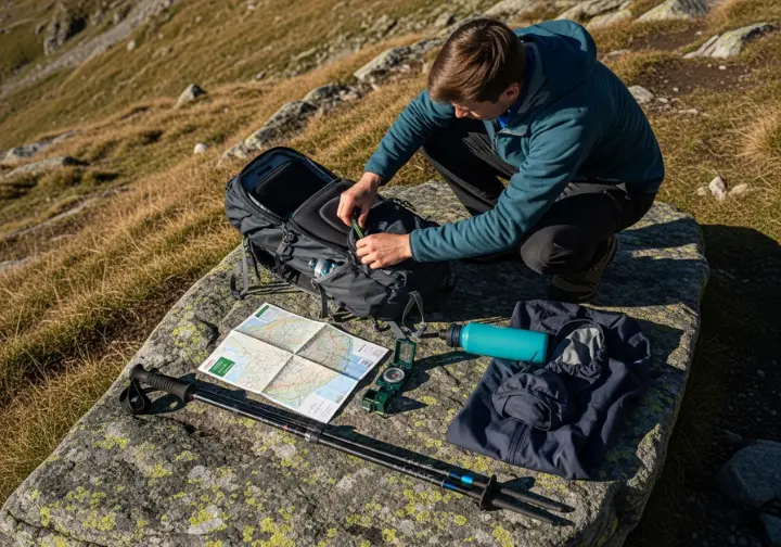 A full-body shot of a hiker organizing essential gear, including a map and poles, on a rock before starting a hike in Switzerland.