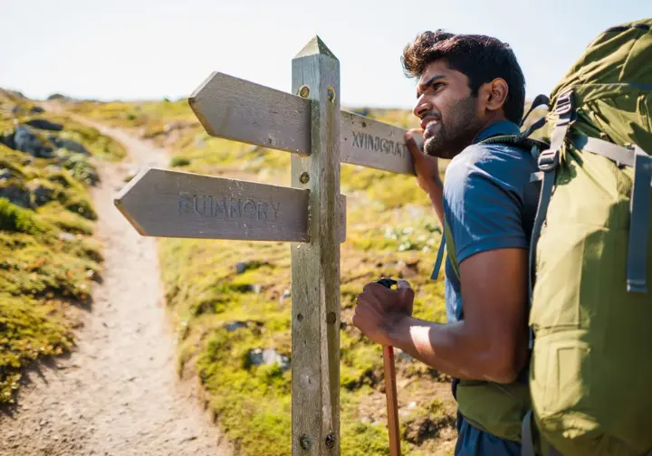A hiker stands at a trail fork in Lofoten, studying a signpost to choose the right path based on his hiking skill level.