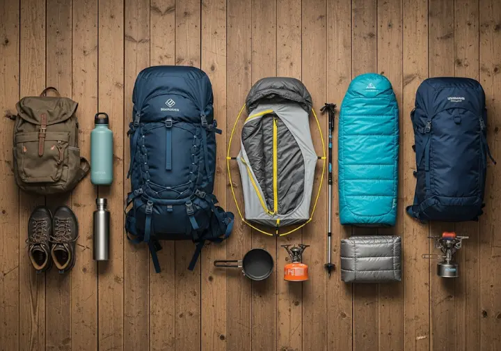 A top-down view of three distinct hiking gear kits laid out in progression, from a basic day-hike setup to an advanced ultralight thru-hiking system.