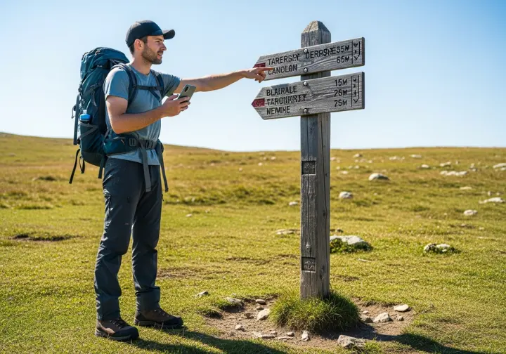 A hiker stands at a multi-directional trail signpost, looking at their smartphone to make a navigational choice.