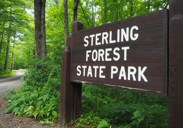 Park essentials overview: The official entrance sign for Sterling Forest State Park, NY.