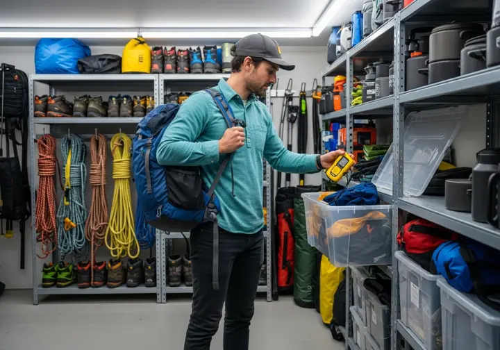 A person in a full-body shot stands in their gear room, thoughtfully choosing equipment from a storage bin to customize their daypack.