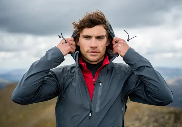 A hiker on a windy ridge demonstrates the clothing layering system, wearing a wicking base layer, an insulating mid-layer, and a protective outer shell jacket.