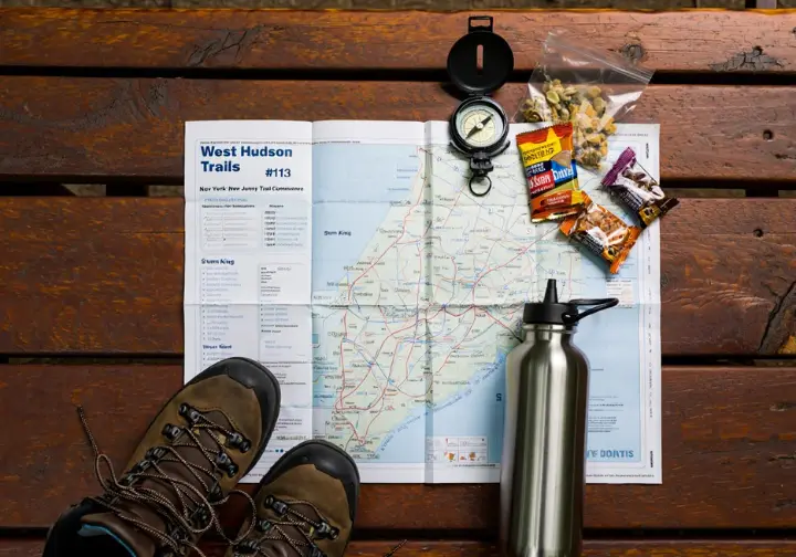 Planning essentials for a Storm King hike laid out: NYNJTC trail map, hiking boots, compass, water bottle, snacks.