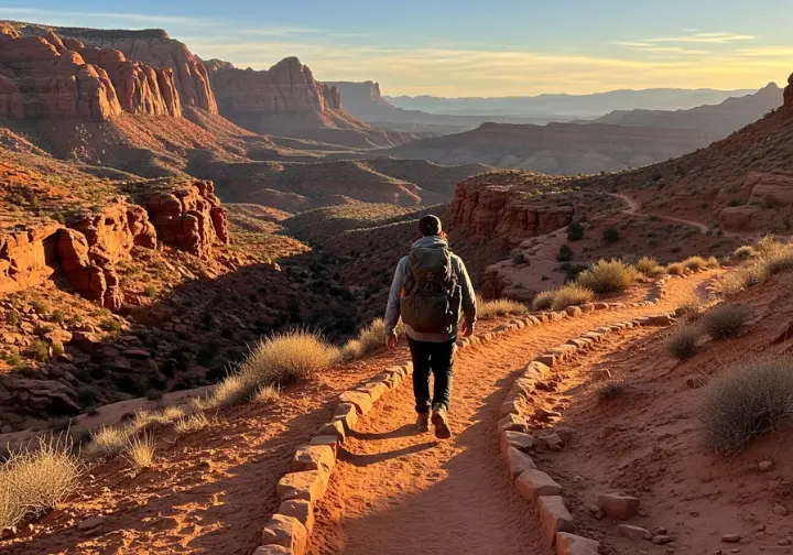 A full-body shot from behind of a hiker walking along a trail through an iconic and dramatic mountain landscape during sunset.