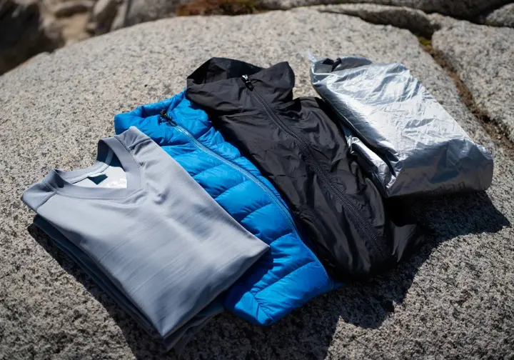 Essential hiking clothing layers (base, mid, shell) displayed alongside a compact emergency bivy sack for shelter.