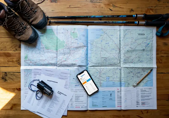 Essential planning logistics for Patagonia hiking: Maps, boots, poles, headlamp, weather app, and booking confirmations laid out.