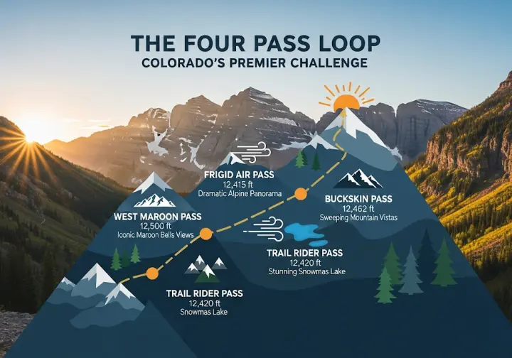 An infographic detailing the four challenging passes of Colorado's Four Pass Loop for advanced hikers. It lists each pass—West Maroon, Frigid Air, Trail Rider, and Buckskin—with its specific elevation and key scenic highlight, set against a stylized mountain backdrop.