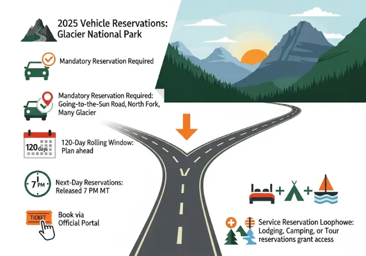 A visual guide explaining the 2025 Glacier National Park vehicle reservation system. The infographic shows a timeline comparing the 120-day advance booking window with the next-day 7 PM MT release and illustrates the service reservation alternative for park access.