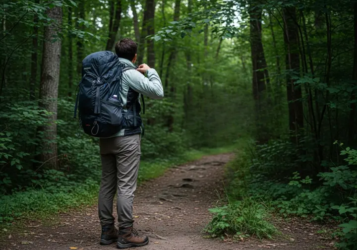 A hiker in a full-body shot stands at a trail sign, making a final adjustment to their backpack before starting their hike.