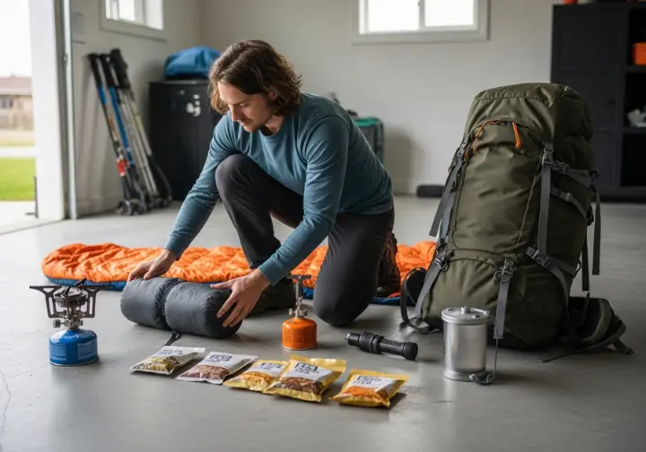 A person kneels on their living room floor, carefully organizing an array of ultralight backpacking gear before packing it into a large backpack.