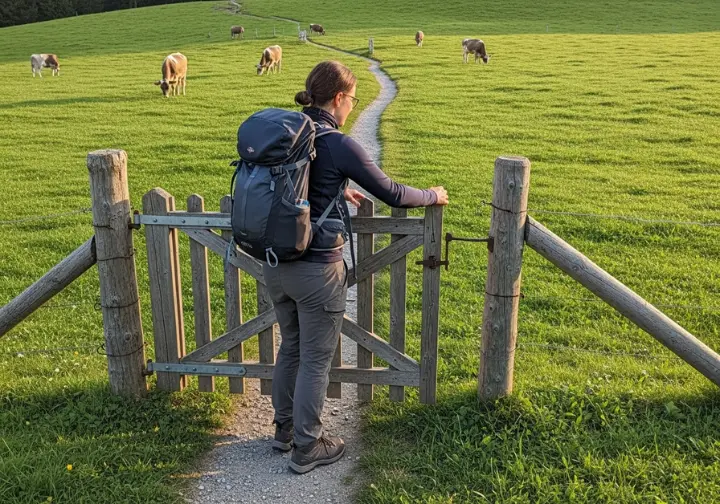 A full-body shot of a hiker responsibly closing a wooden farm gate on a trail that passes through a Swiss pasture with cows.
