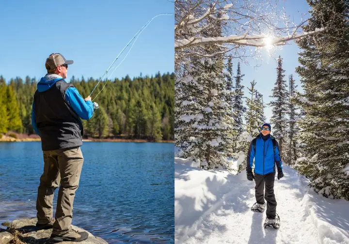 Diverse park activities at Sterling Forest: Composite showing summer shore fishing and winter snowshoeing.