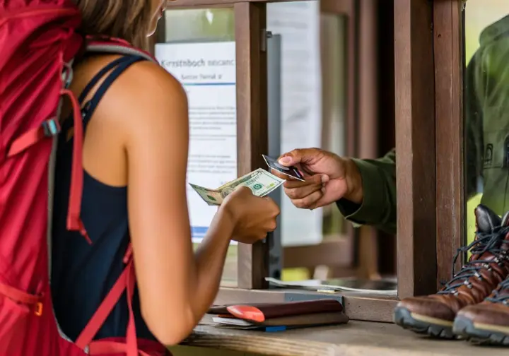 A hiker pays an entrance fee at a park kiosk, a key part of the essential logistics for a Table Mountain hike.