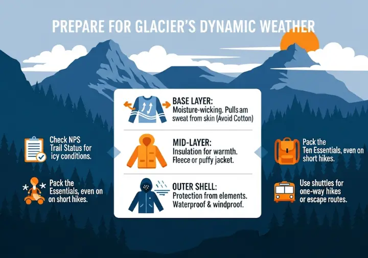 An infographic explaining how to prepare for dynamic weather in Glacier National Park. It features a central illustration of the three essential clothing layers—base, mid, and shell—and includes key tips like checking trail status, packing essentials, and using the park shuttle.