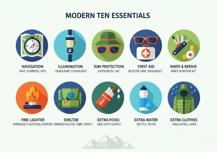 An infographic detailing the modern Ten Essential "Systems" for outdoor safety. It features ten distinct icons arranged in a clear layout, each representing a system: Navigation, Illumination, Sun Protection, First Aid, Knife & Repair Kit, Fire, Emergency Shelter, Extra Food, Extra Water, and Extra Clothes, with associated keywords.
