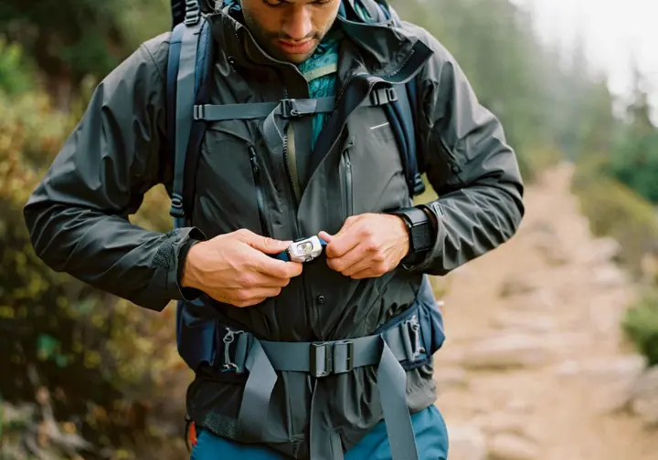 A prepared hiker checks their rain jacket and headlamp at a trailhead to ensure they stay safe on Table Mountain.