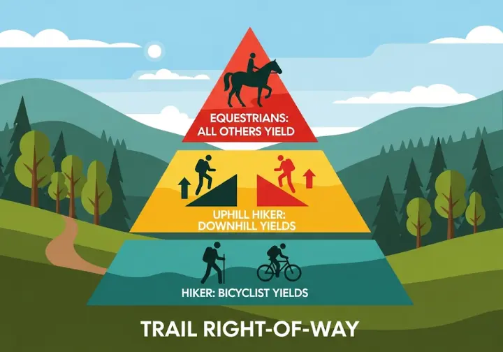 An infographic illustrating the universal trail right-of-way hierarchy. It shows that equestrians have the highest priority, followed by uphill hikers over downhill hikers, and finally hikers over bicyclists, promoting trail safety and etiquette.