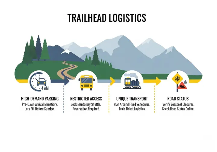An infographic flowchart explaining how to handle trailhead logistics for hiking. It covers key steps like pre-dawn parking, booking mandatory shuttles for areas like Maroon Bells, using unique transport like the Durango & Silverton railroad, and verifying seasonal road closures.