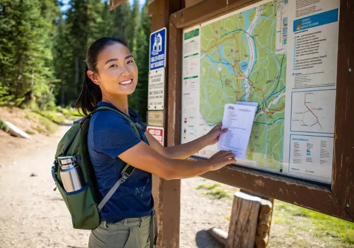 Hiker performing final planning checks of their daypack contents against a checklist at a trailhead map kiosk.