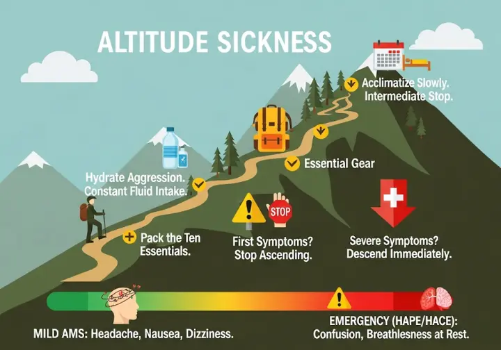 An infographic detailing the prevention and treatment of altitude sickness. The graphic uses a mountain path visual to show steps for prevention like gradual acclimatization and hydration, and actions for treatment such as stopping ascent and descending. A separate section illustrates the spectrum of symptoms from mild AMS to severe HAPE/HACE.