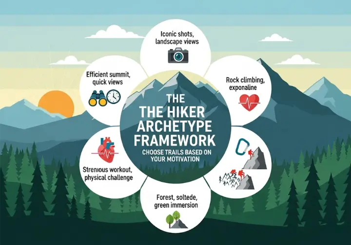 An infographic detailing the Hiker Archetype Framework to help individuals choose hiking trails. It features five distinct hiker archetypes: the Time-Crunched Sightseer, Fitness Fanatic, Thrill-Seeking Adventurer, Nature-Immersed Wanderer, and Photographer, each represented by a unique icon and keywords describing their motivation