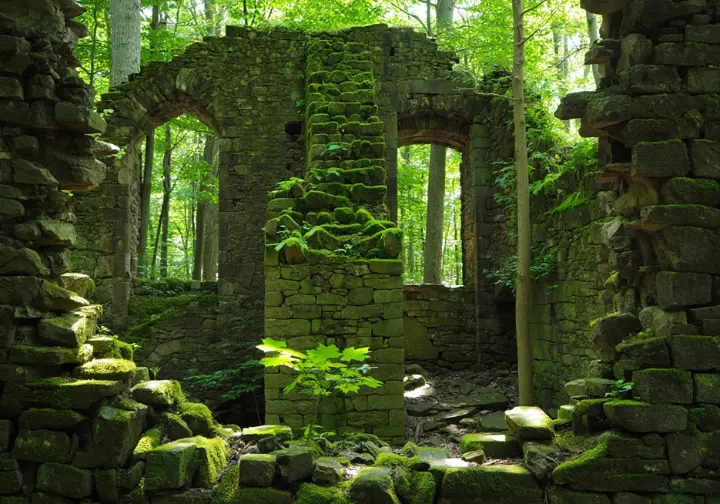 Historic stone ruins of the Sterling Iron Furnace or Lakeville foundations, representing heritage sites in Sterling Forest State Park.