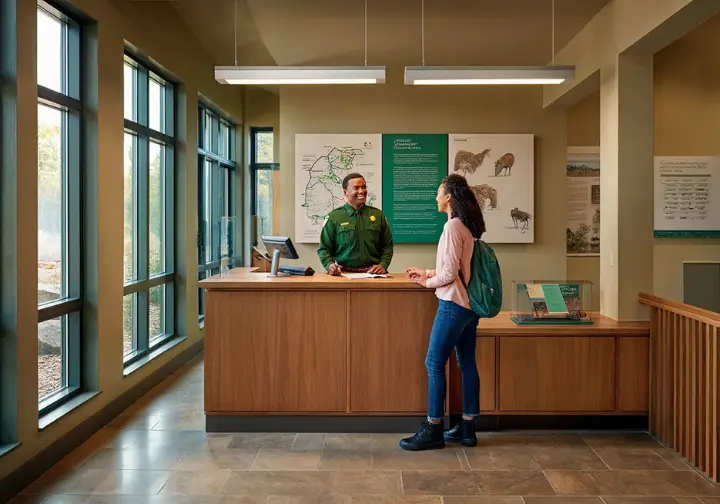 Planning your visit at the Lautenberg Visitor Center in Sterling Forest State Park, showing information desk and displays.