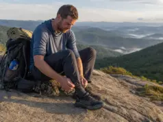Best Backpacking Trail Runners for Heavy Pack Days Backpacker in trail runners resting a loaded pack on an Appalachian Trail ridge at first light