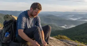 Best Backpacking Trail Runners for Heavy Pack Days Backpacker in trail runners resting a loaded pack on an Appalachian Trail ridge at first light