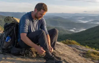 Best Backpacking Trail Runners for Heavy Pack Days Backpacker in trail runners resting a loaded pack on an Appalachian Trail ridge at first light