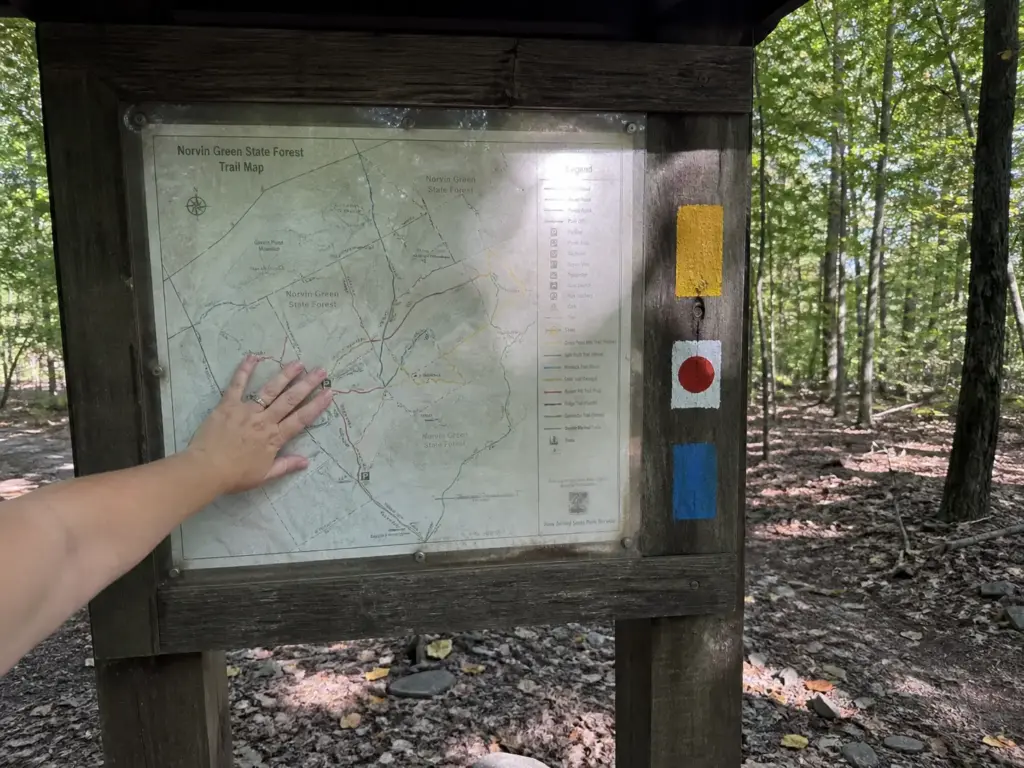 Trailhead kiosk map and blaze markers where hikers choose a North Jersey trail