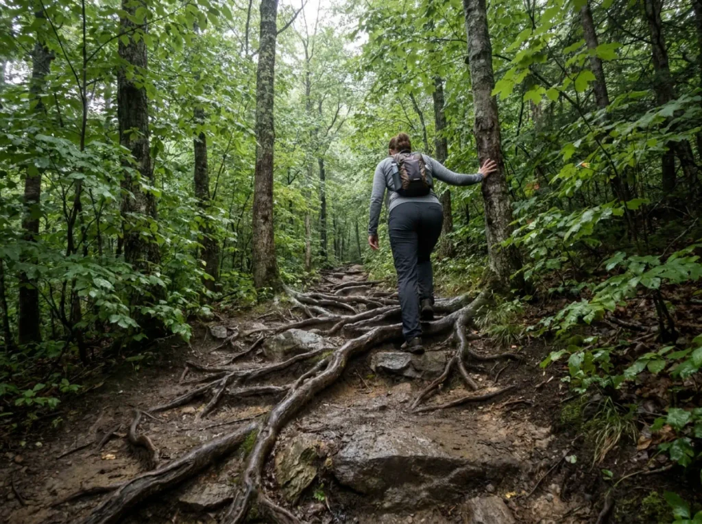 Steep rooted lower section of the Bald Mountain hiking trails climbing through Adirondack hardwoods