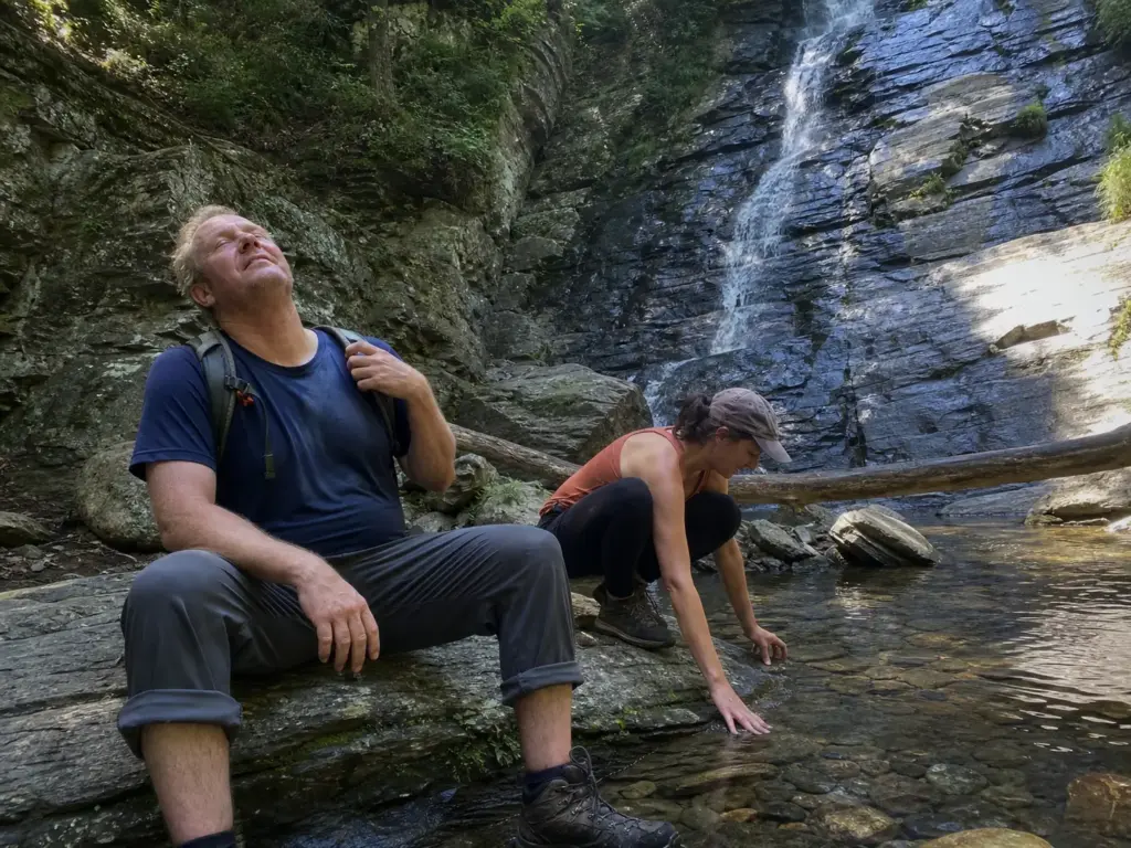 harsh midday sun through canopy gaps · wide, low from the streambed