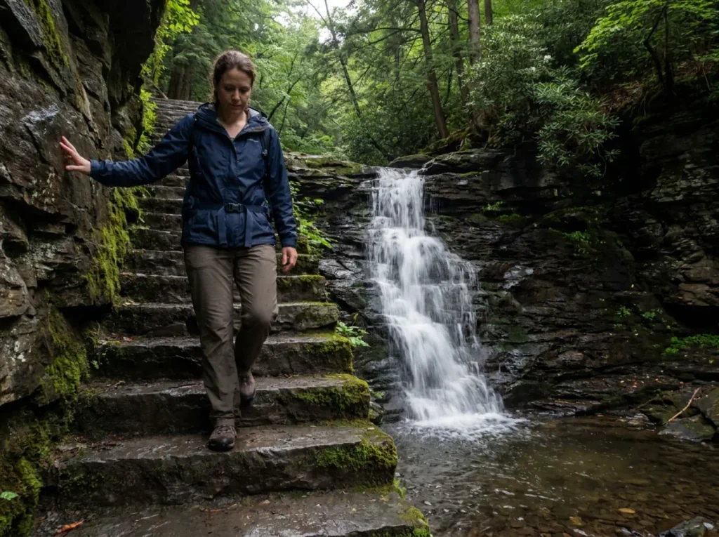 Wet mossy stone steps beside a waterfall on the Falls Trail at Ricketts Glen State Park