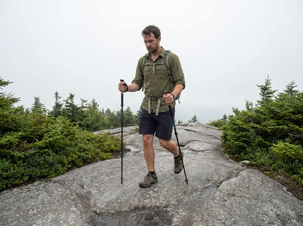 Hiker with trekking poles crossing smooth open bedrock on the Bald Mountain hiking trails