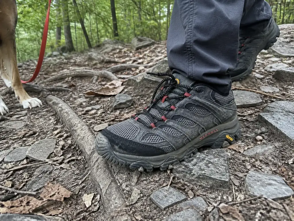 Merrell Moab 3 Waterproof shoes on rocky footing during an easy North Jersey family hike
