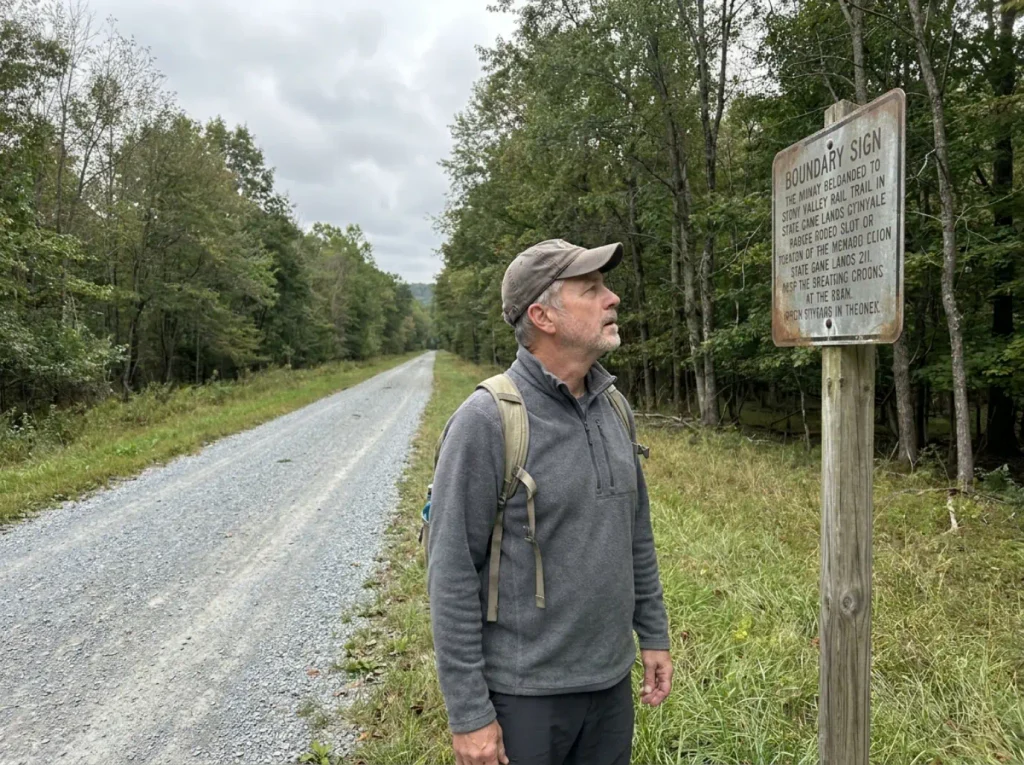 Hiker reading a State Game Lands boundary sign beside the flat gravel Stony Valley Rail Trail