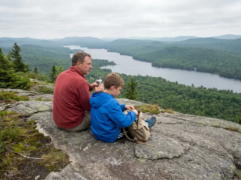 Family resting on the summit ledges of the Bald Mountain hiking trails above the Fulton Chain of Lakes