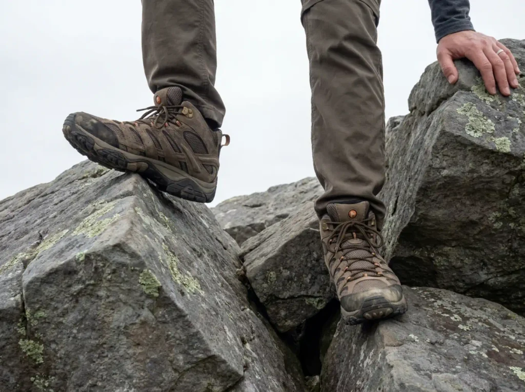 Merrell Moab 3 Mid boots braced on angular sandstone blocks on a rocky Central PA ridge trail