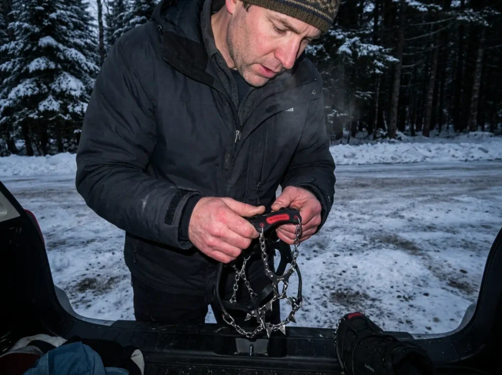 Hiker holding microspikes at the winter trailhead of the Bald Mountain hiking trails in the Adirondacks