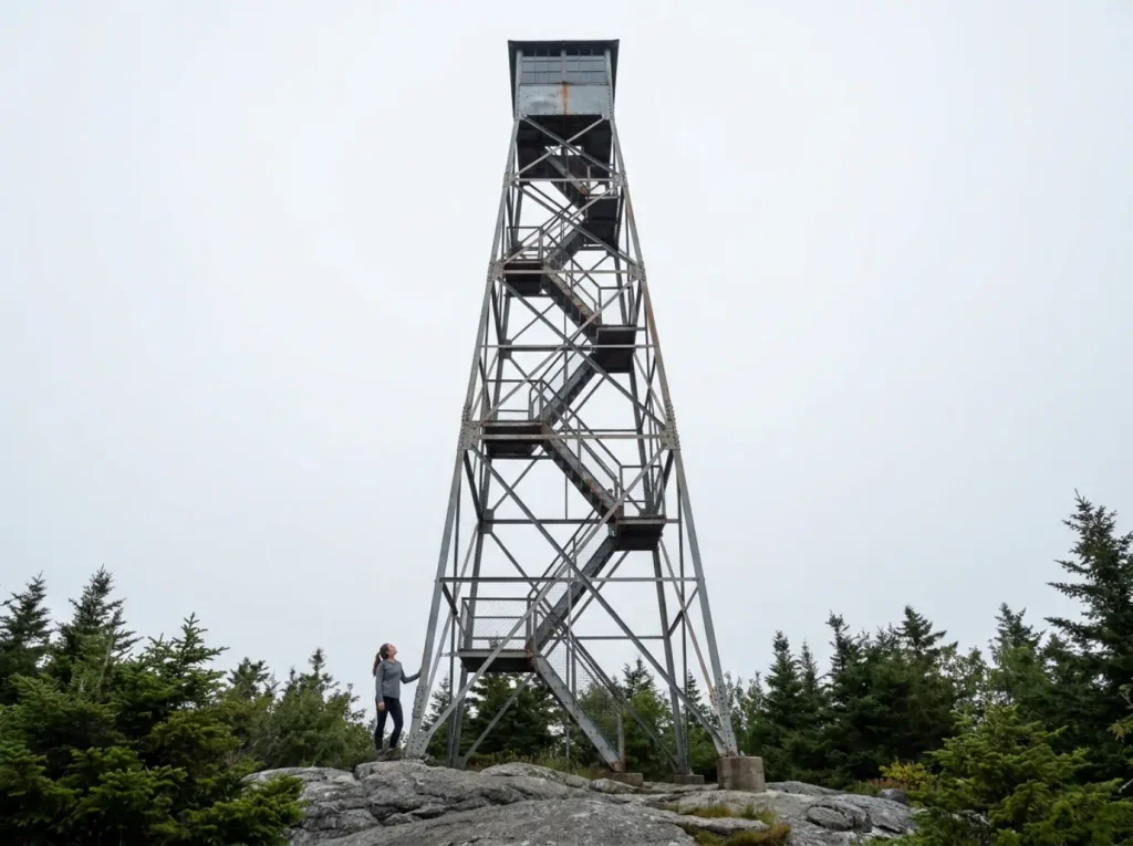 The restored 1917 steel fire tower at the summit of the Bald Mountain hiking trails in the Adirondacks