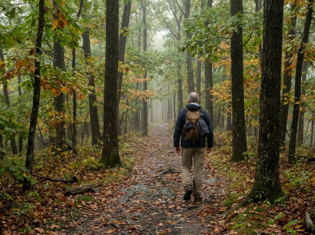 Early October hardwood colour along a Central PA ridge trail under flat overcast light